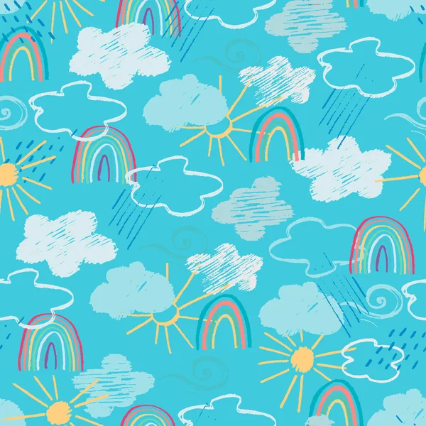 Nahtloses Muster mit blauem Himmel, weißen Wolken, regnerischen Wolken, Regenbogen, Sonne im Zeichenstil für Kinder — Stockvektor