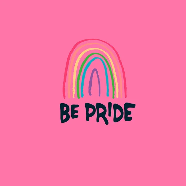 Be Pride logo s duhou na růžovém pozadí. Symbol oslavy měsíce hrdosti — Stockový vektor