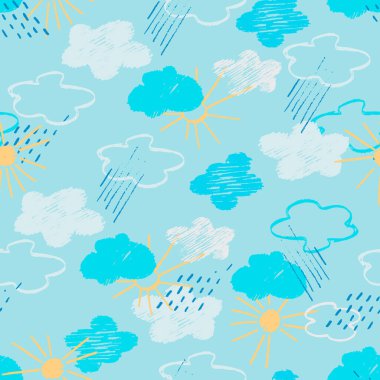 Mavi gökyüzü, bulutlar, yağmur ve güneş çocuk stilinde kusursuz desen çiziyor.