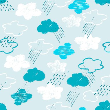 Kusursuz desenli soluk mavi gökyüzü, bulutlar, çocuk yağmuru çizim stili.