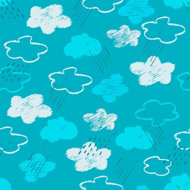 Mavi gökyüzü, bulutlar, çocuk yağmurları, çizim stili.