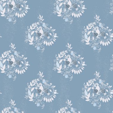 Dalları, yaprakları ve koyu mavi arka planda fantezi meyveleri olan kusursuz Damask deseni.