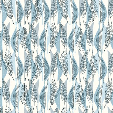 1970 'lerin tarzında, tropikal yapraklarla kusursuz bir desen. Mavi renkte vektör illüstrasyonu