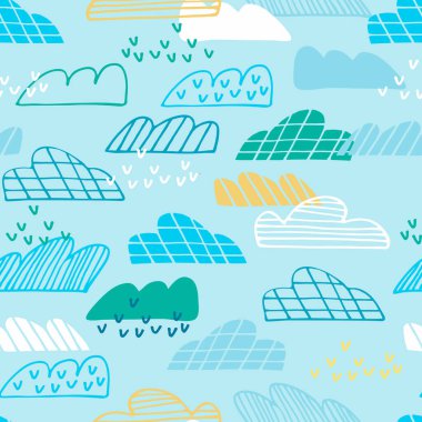 Mavi gökyüzü, geometrik bulutlar, çizgi film tarzında yağmur.