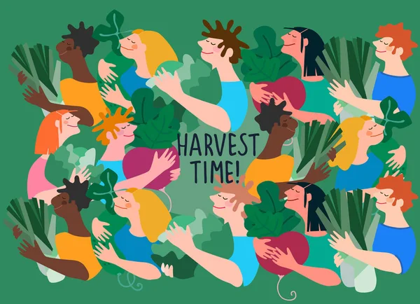 Счастливые мультирасовые люди держат гигантские овощи. Ручная цитата Harvest Time. Векторный фон — стоковый вектор