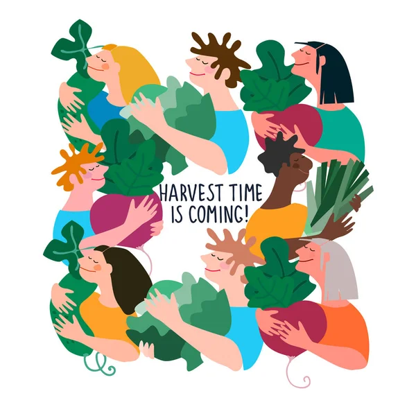 Счастливые мультирасовые люди держат гигантские овощи. Ручная цитата Harvest Time. Векторный фон — стоковый вектор