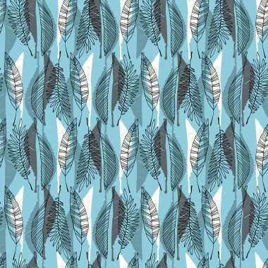 1970 'lerin tarzında, tropikal yapraklarla kusursuz bir desen. Mavi arkaplanda vektör illüstrasyonu