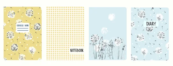 Modèles vectoriels de page couverture avec des fleurs de pissenlit et des chèques gingham. En-têtes isolés et remplaçables — Image vectorielle