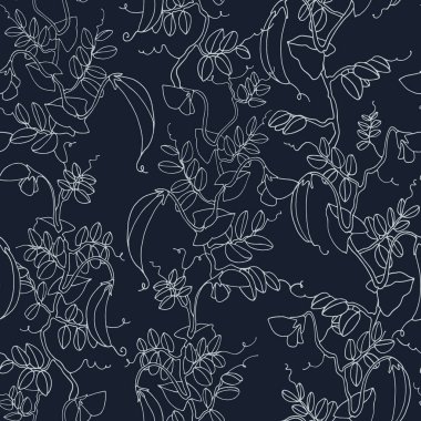 Kusursuz desen. Kabuklu ve çiçekli bezelye bitkisi. Vektör illüstrasyonu, koyu arkaplanda çizgi sanatı