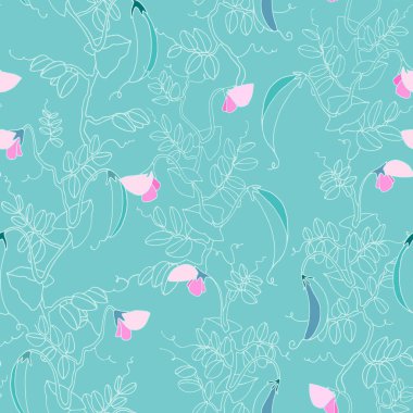 Kusursuz desen. Kabuklu ve çiçekli bezelye bitkisi. Vektör illüstrasyonu, turkuaz arka planda satır sanatı