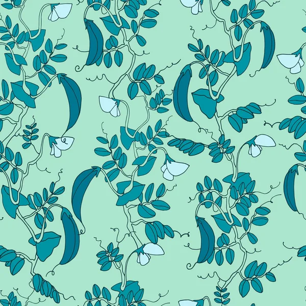 Nahtloses Muster. Erbsenpflanze mit Schoten und Blüten. Vektor-Illustration, Linienzeichnung auf türkisfarbenem Hintergrund — Stockvektor
