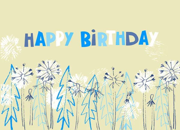 Feliz cumpleaños diseño de la tarjeta de felicitación con decoración floral, dientes de león sobre fondo de color claro — Vector de stock