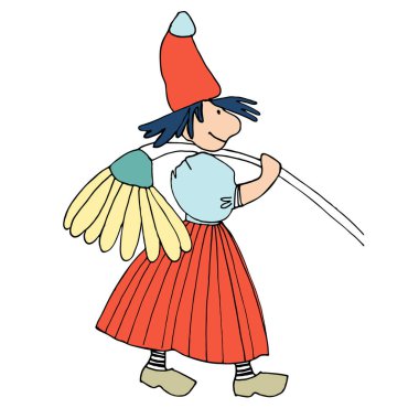 Dev papatya çiçekli komik dişi cüce. Çizgi film tarzında peri masalı elf kızı. Çocuklar için vektör illüstrasyonu