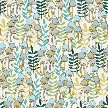 Çizgi film tarzında mantar ve bitki vektör çizimleriyle kusursuz desen
