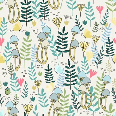 Çocuklar için karikatür tarzında yaz ormanı vektör çizimleriyle kusursuz desen