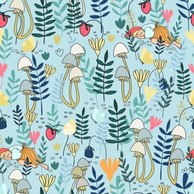 Ormanda uyuyan küçük dişi cücenin kusursuz deseni. Peri masalı elf kızları ormanda