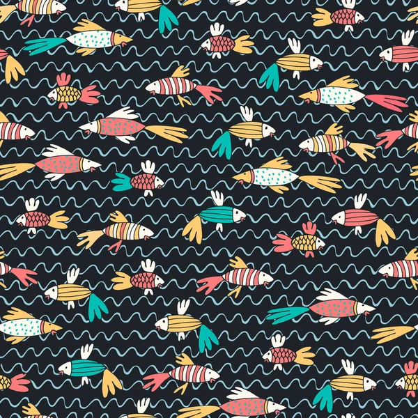 Patrón sin costuras con peces tropicales de fantasía en estilo de dibujos animados. Fondos de pantalla, backgound para niños — Archivo Imágenes Vectoriales