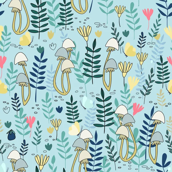 Çocuklar için karikatür tarzında yaz ormanı vektör çizimleriyle kusursuz desen