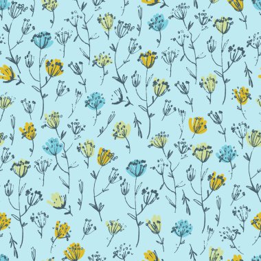 Yüzey tasarımı ve diğer tasarım projeleri için Ditsy tarzında elle çizilmiş çayır çiçekleriyle kusursuz desen