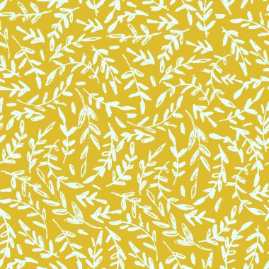 Dar dalları ve dalları olan pürüzsüz bir desen. Sarı arkaplanda vektör illüstrasyonu