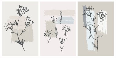 Dekoratif basılabilir sanat. Arka planda fırça darbesi dokusu olan çiçek resimlerinin el çizimi