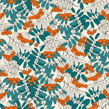 Rowan ağacı dalları ve böğürtlenlerle kusursuz tekrarlanan desen. Açık renkli arkaplanda vektör illüstrasyonu