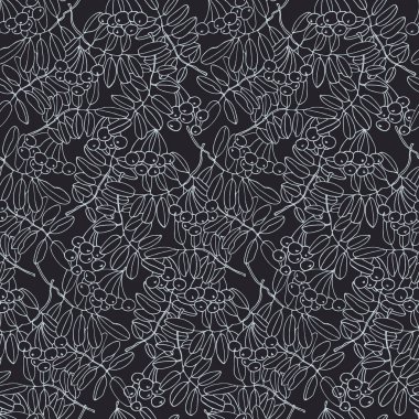 Rowan ağacı dalları ve böğürtlenlerle kusursuz tekrarlanan desen. Siyah arkaplanda tek renkli vektör çizimi