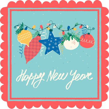 Festival projeleri, logolar, çıkartmalar, davetiyeler, hatıra defterleri, duvar posterleri, sosyal medya, ev, el sanatları ve mallar için yılın dekoratif çerçevesinde Mutlu Noeller ve yeni yıl kartı.