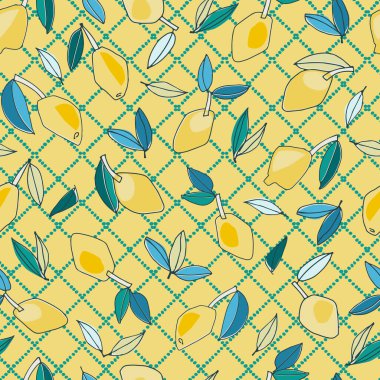 Tekstil, ev dekorasyonu, markalaşma, görsel iletişim, içerik, sosyal medya arka planı, Akdeniz güneşli stil posterleri için el yapımı limonlarla kusursuz desen