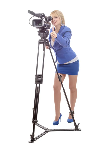Piękna młoda kobieta z niebieski garnitur i profesjonalne kamery wideo — Zdjęcie stockowe