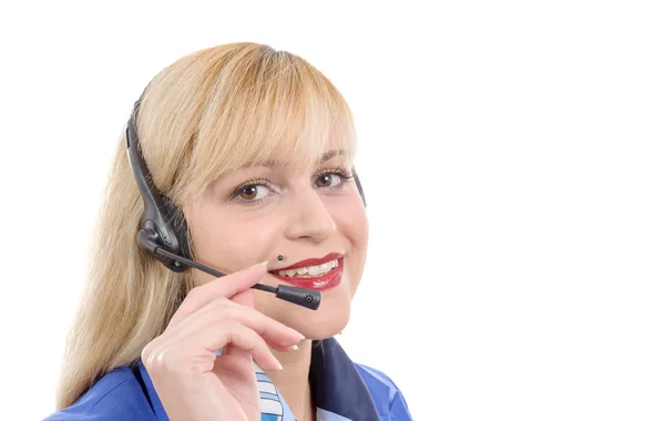 Portrait d'heureux sourire opérateur de téléphone de soutien gai dans le casque — Photo