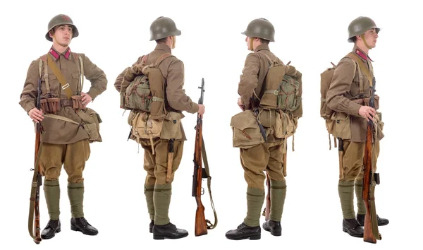 Junger sowjetischer Soldat mit SVT-Gewehr, vorne, Profil, hinten — Stockfoto