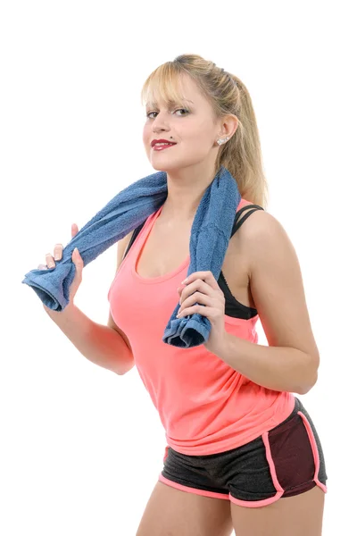 Cheerful smiling young woman with towel after gym portrait — Stock Photo, Image