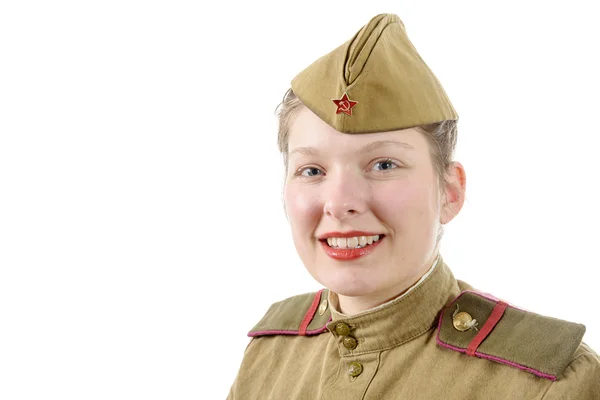 Portret całkiem młoda kobieta w rosyjskich mundurach wojskowych, na w — Zdjęcie stockowe