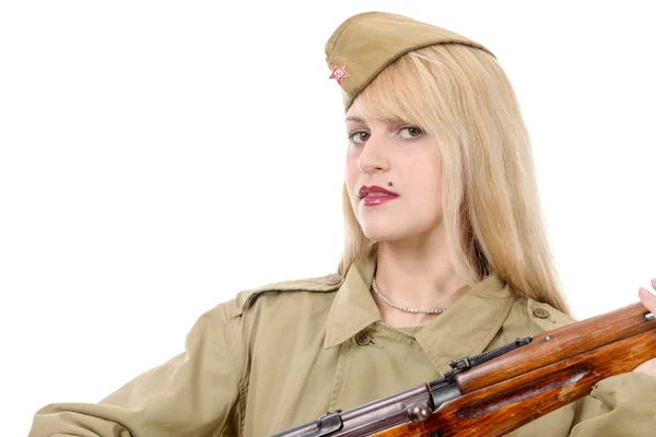 Portret van mooie jonge vrouw in Russische militair uniform, op w — Stockfoto