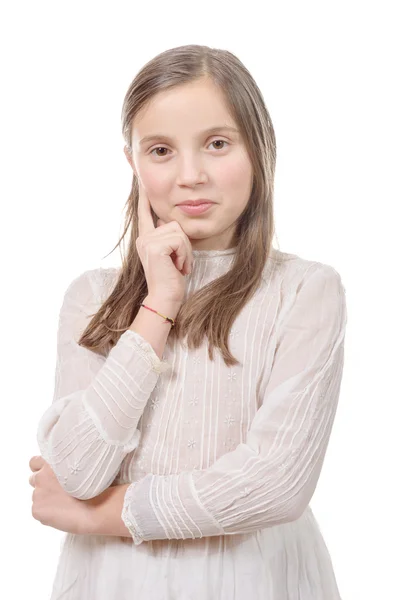 Portret van preteen meisje geïsoleerd op een witte achtergrond — Stockfoto