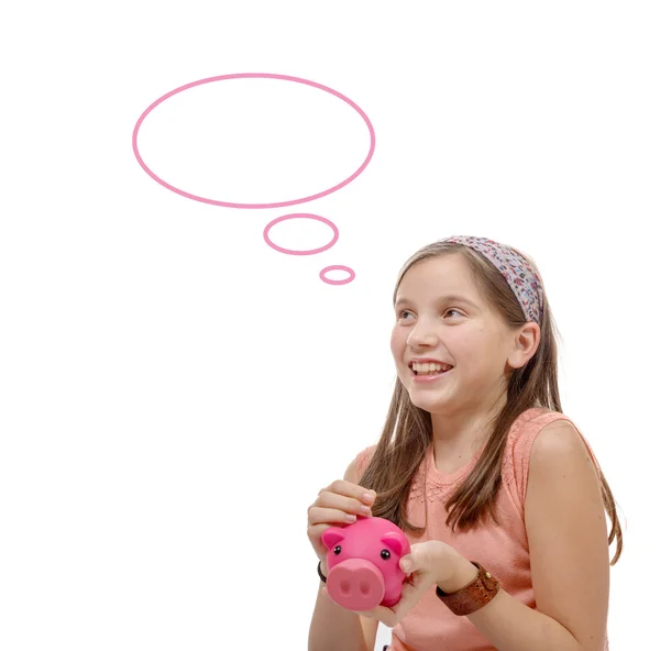 Preteen think with a piggy bank, on white — Stock Photo, Image