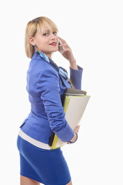 Attraente donna bionda in abito da lavoro blu, telefono — Foto Stock