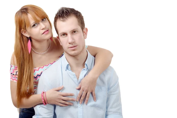 Cheerful young couple in love, on white — Stock Photo, Image