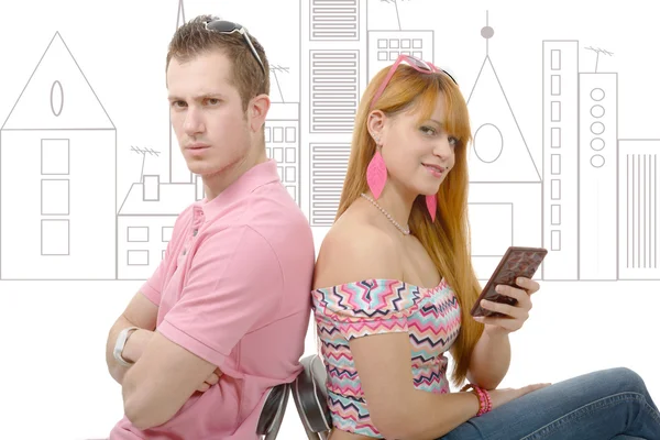 Ungt par med problem, Kvinna telefon — Stockfoto