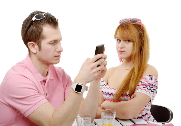 Young couple with problems, man phone — Stock Photo, Image
