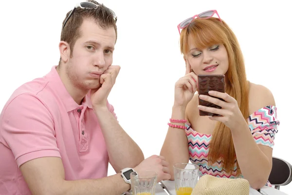 Young couple with problems, woman phone — Stock Photo, Image