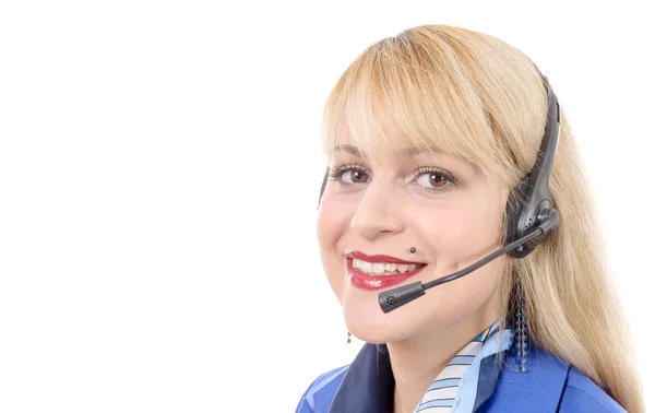 Portrait d'heureux sourire opérateur de téléphone de soutien gai dans hea — Photo