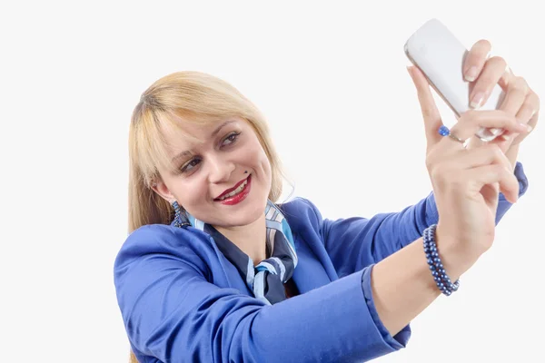 Chica de belleza tomando con traje azul, selfie — Foto de Stock