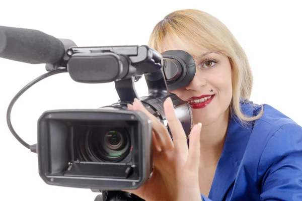 Beautiful young woman with a professional video camera and headp — Stock Photo, Image