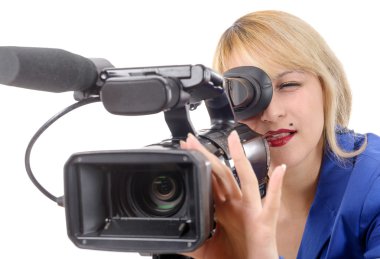 güzel genç kadın mavi takım elbise ve profesyonel video ile geldi