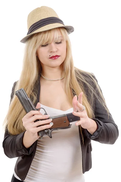 Sexig blond kvinna med pistol isolerad på vit — Stockfoto
