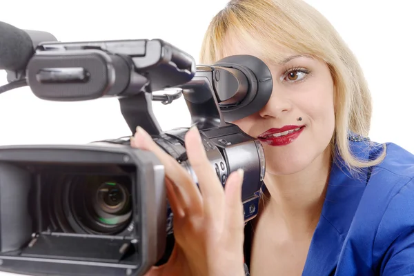 Beautiful young woman with professional video camera — Stock Photo, Image