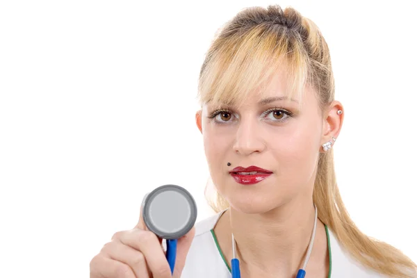 Kobieta lekarz stetoskop słuchania, na białym tle biały ba — Zdjęcie stockowe