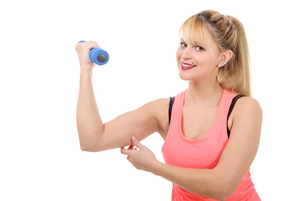 Portrait of pretty sporty girl holding weight — Stock Photo, Image